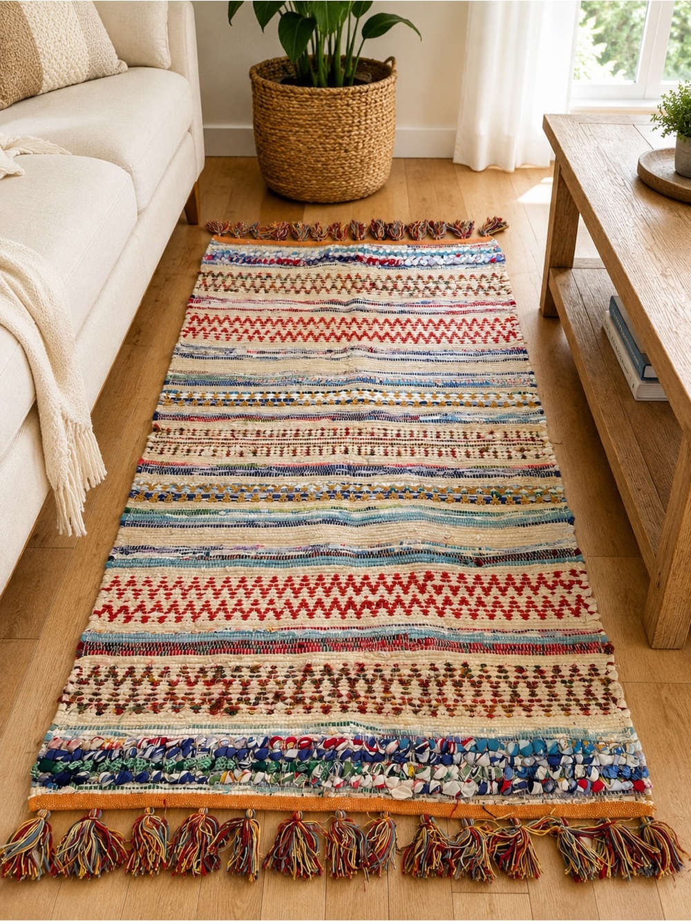 Pier 1 Imports Handwoven Chindi Rag Rug 3x5 Reversible Boho Tassel Cotton